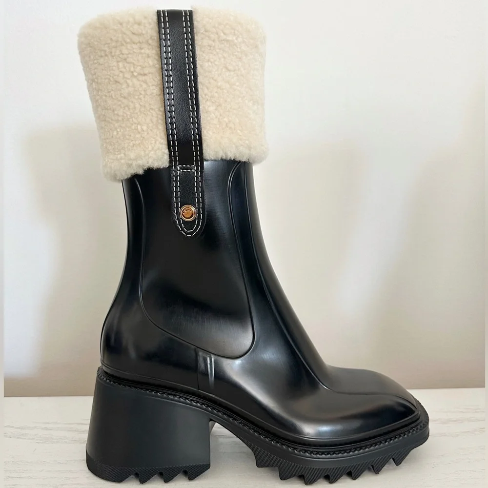 Chloé Black Rain Boot with Cream Shearling Cuff